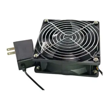 Delta cooling fan, AFC1212DE, black plastic frame, black plastic fan blades, DC12V, 12038, ball bearing, with metal mesh and power adapter included.
