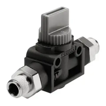 Festo pipe-type manual valve, HE-3-3/8-3/8, 153298, two-position three-way valve.