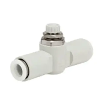 SMC inlet flow control valve, AS2001FG-06 straight-through, with quick-connect fitting, stainless steel.