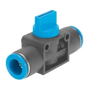 Festo pipe-type manual control valve, HE-3-QS-10, 153477, two-position three-way valve.