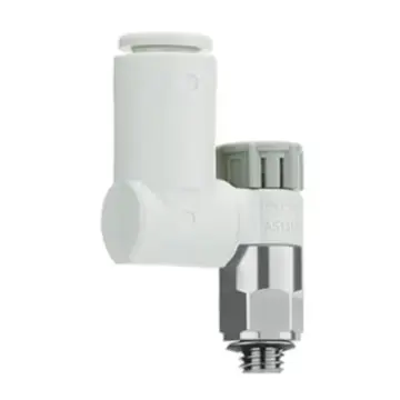 SMC speed control valve, AS1301F-M5-04A with quick-connect fitting, elbow type.