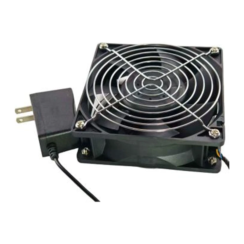 Delta cooling fan, AFC1212DE, black plastic frame, black plastic fan blades, DC12V, 12038, ball bearing, with metal mesh and power adapter included.