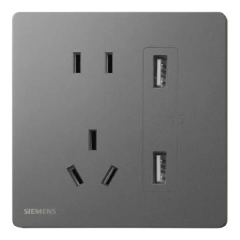 SIEMENS 10A dual-pole USB socke with 3.1A ports, 5UB31163NC05, dark gray-silver, from he Huichen Acus series.