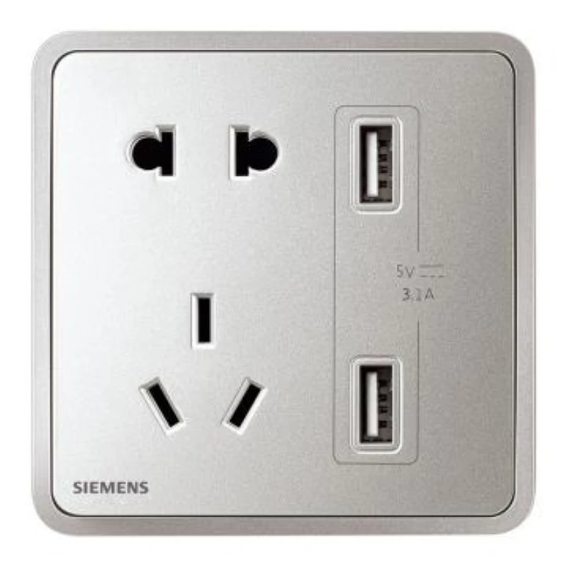 SIEMENS 10A Integrated Two-Pole/Three-Pole + 3.1A Two-Por USB Socket, 5UB11723NC02 Starry Silver, Zita Series