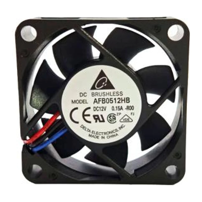 Delta cooling fan, AFB0512HB, black plastic frame, black plastic fan blades, DC fan, ball bearing three-wire, 12V voltage.