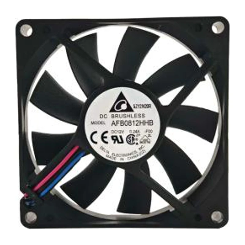 Delta cooling fan, AFB0812HHB, black plastic frame, black plastic fan blades, DC fan, 3-wire ball bearing, 12V voltage.